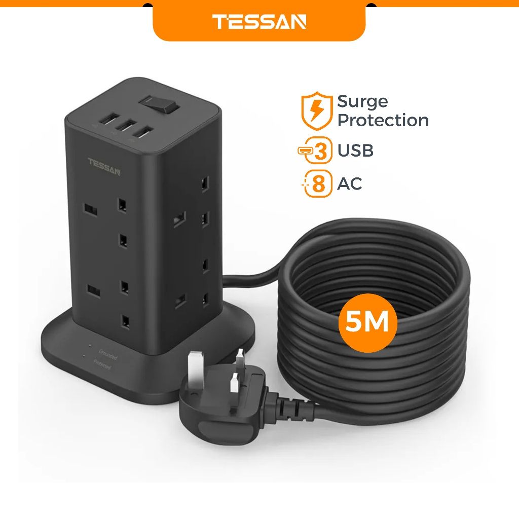 TESSAN Tower Extension Plug Tower Socket with USB+Type C - 5METER