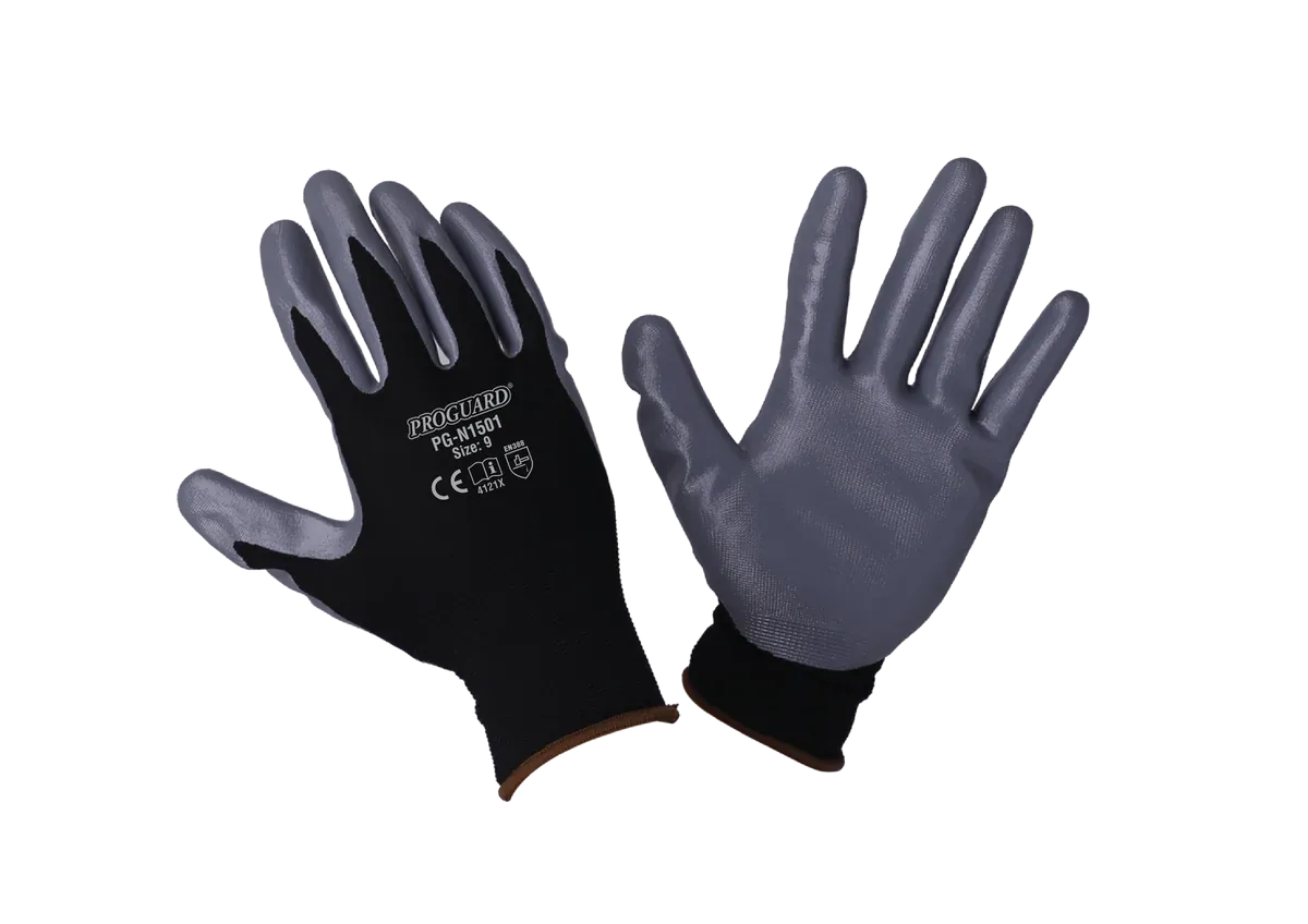Proguard Safety Nitrile Gloves / Sarung Tangan Keselamatan / Black Nylon Shell Grey Nitrile Coated Glove # Chemical Protection # Anti-Acid & Anti-Alkali # PG-N1501 # RS1427 ( KTT : 1 Paket @ 12 Pasangan )