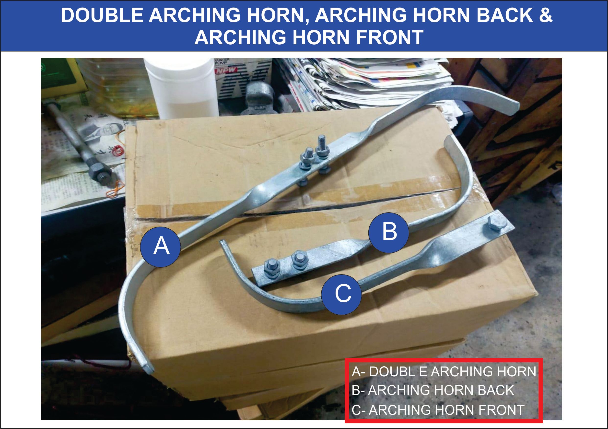 DOUBLE ARCHING HORN 6MM X 25MM-C/W 2PCS HOLES & 10MM (DIA) X 50MM(L) HEZ BOLT & NUT (HDG) Ocha DOUBLE ARCHING HORN 6MM X 25MM -ORDER TO MAKE ( CUSTOMIZE)