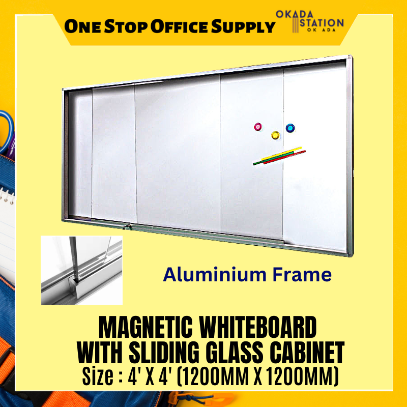 MAGNETIC WHITEBAORD WITH SLIDING GLASS CABINET (ALUMINIUM FRAME) 4' X 4' MAGNETIC WHITEBAORD WITH SLIDING GLASS CABINET (ALUMINIUM FRAME) - WITHOUT INSTALLATION & WITH INSTALLATION / MAGNETIC WHITEBOARD / WHITEBOARD / GLASS CABINET WHITEBOARD / WHITEBOARD WITH SLIDING GLASS CABINET / SCM-44