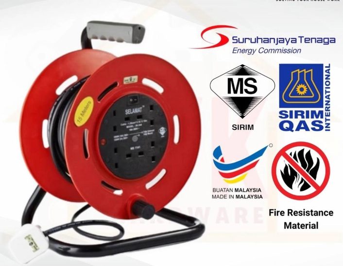 SELAMAT 4 Gang 15 Meter Portable Extension Cable Reel Plug Wire Heavy Duty Extension Cord Penyambung Wayar Extension