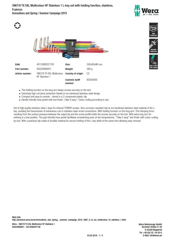 Wera *Wera 024460 9 Piece L Shape Long arm Torx Key Set