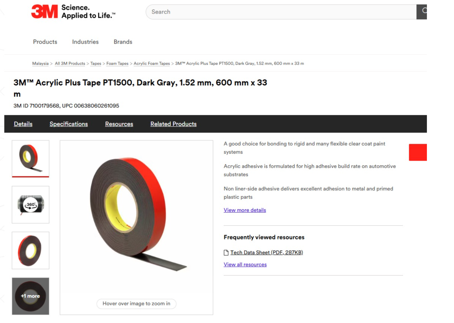 3M acrylic plus tape PT1500, dark gray, 1.52mm, 600mm x 33m