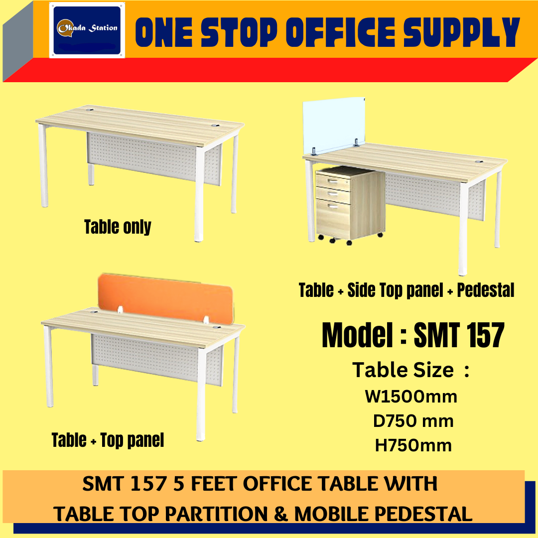 OKADA SMT 157 5 FEET OFFICE TABLE WITH TABLE TOP PARTITION & MOBILE PEDESTAL - (TABLE ONLY) , (TABLE + TOP PANEL) , (TABLE + SIDE TOP PANEL + MOBILE PEDESTAL) / OFFICE TABLE SET / OFFICE TABLE WITH PARTITION / 5 FEET TABLE / TABLE WITH PANEL & PEDESTAL