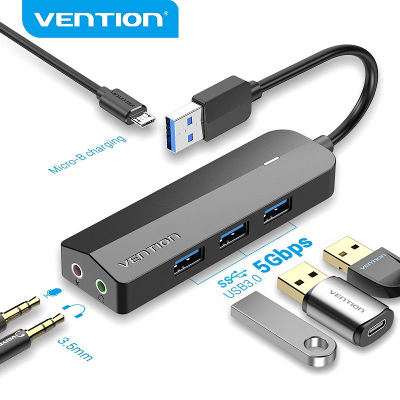 Vention USB 3.0 Hub Mix Sound Card with Power Supply 3 Ports High Speed 5Gbps Multiple HUB Splitter USB for Laptop PC