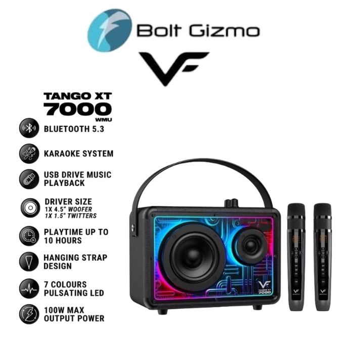 Vinnfier VF Tango XT7000 Max 80W Portable Bluetooth Karaoke Speaker Guitar , 2 UHF Wireless Microphone