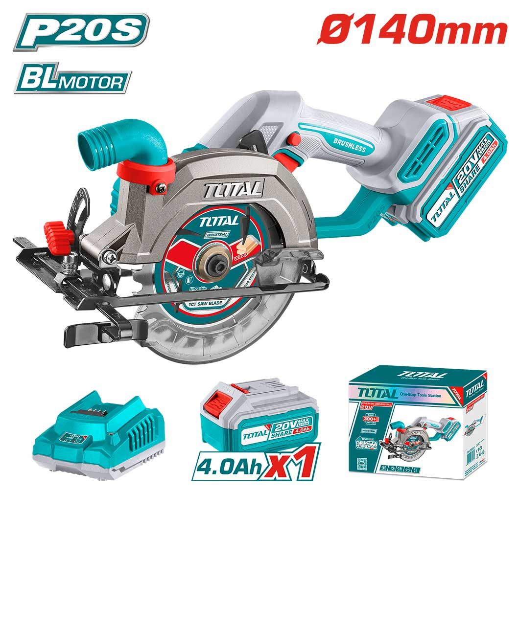 TOTAL - P20 Li-Ion Brushless Circular Saw Set (T-TSLI14021) - Industrial / Brushless Circular Saw / Cordless Circular Saw / Circular Saw / Cutting Saw / Power Saw / Cutting Saw / Cut Wood - Masonry - Plastic - Metal / Saw / 20V / Power Tool / P20 Ser