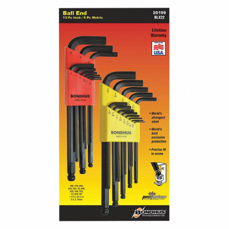 Others *BONDHUS 20199 Hex Key Set, L, Metric and SAE, Long, 22 Pieces, Alloy Steel, Black Oxide, 1 Tips, Hex