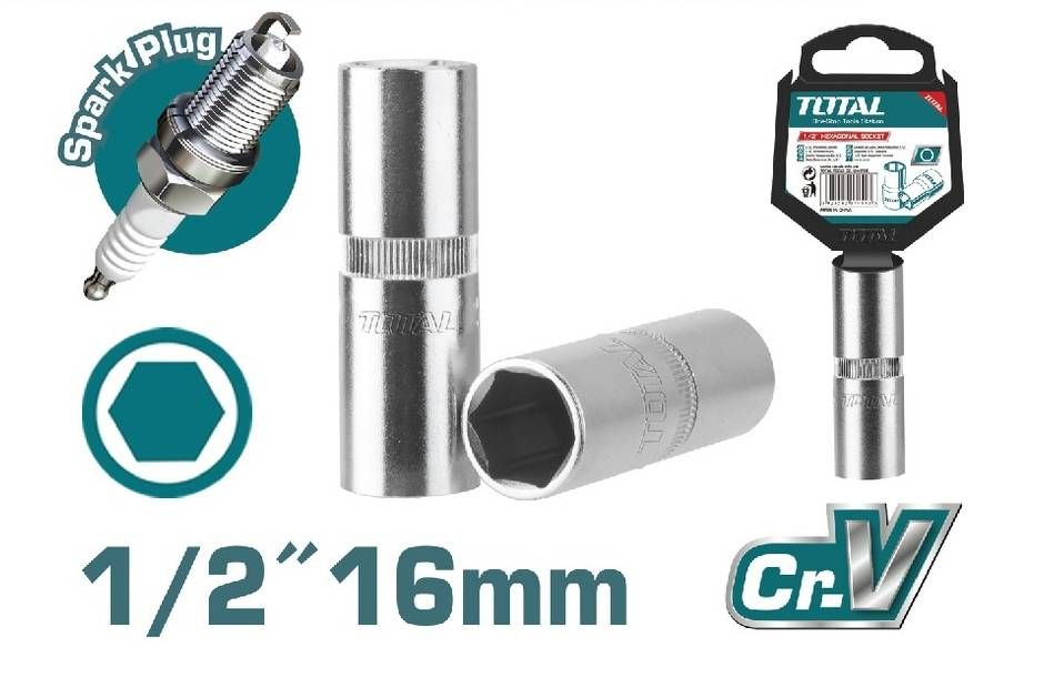 TOTAL - 1/2'' Spark Plug Socket (Material : 50BV30) - 16mm(T-THSPS12166) & 21mm(T-THSPS12216) / Spark Plug Socket / Plug Socket
