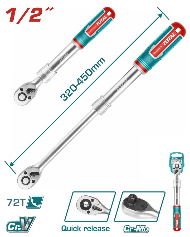 TOTAL EXTENDABLE RATCHET WRENCH (1/2" / 72T / CR-V & CRMO STEEL / LENGTH 320-450MM) THT106128L
