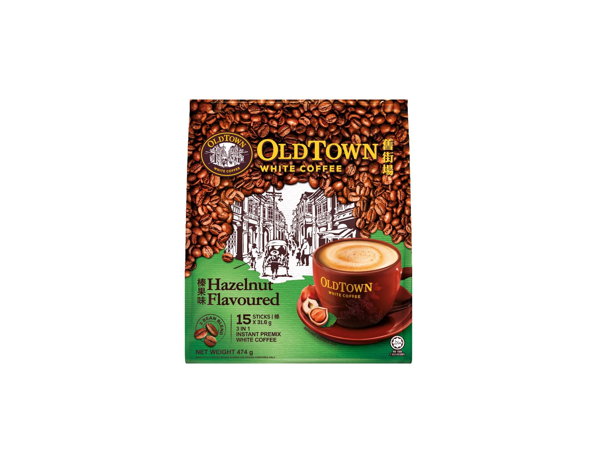 OLD TOWN WHITE COFFEE 3 IN 1 HAZELNUT FLAVOURED 15 X 31.6G