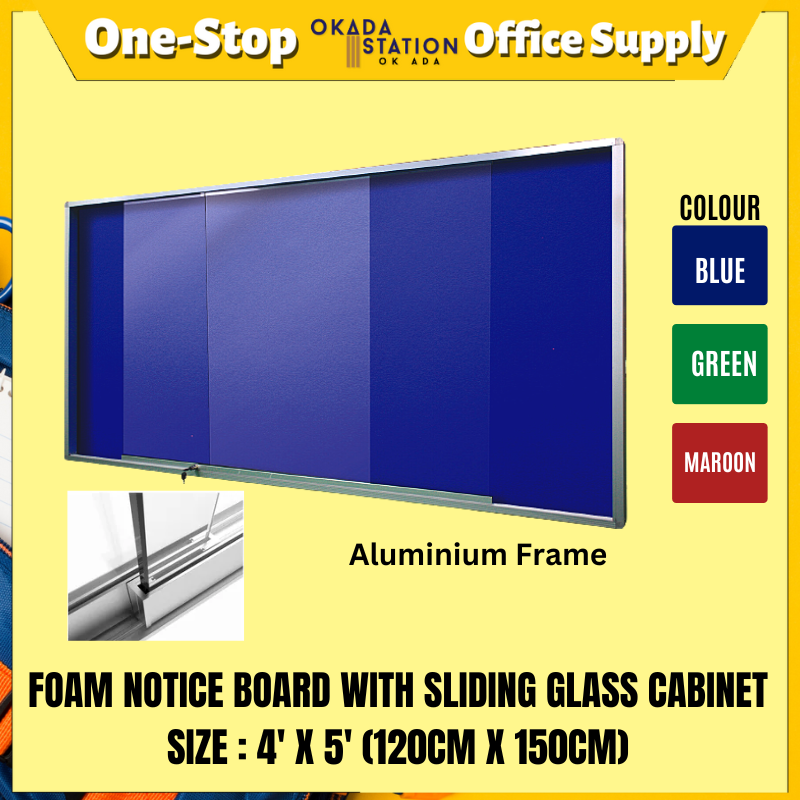 FOAM NOTICE BOARD WITH SLIDING GLASS CABINET / NOTICE BOARD / 4' X 5' / 4FT X 5FT / SCF-45 / COLOUR FOAM BOARD / FOAM NOTICE BOARD / FOAM BOARD WITH GLASS CABINET / SLIDING GLASS NOTICE BAORD / PIN BOARD