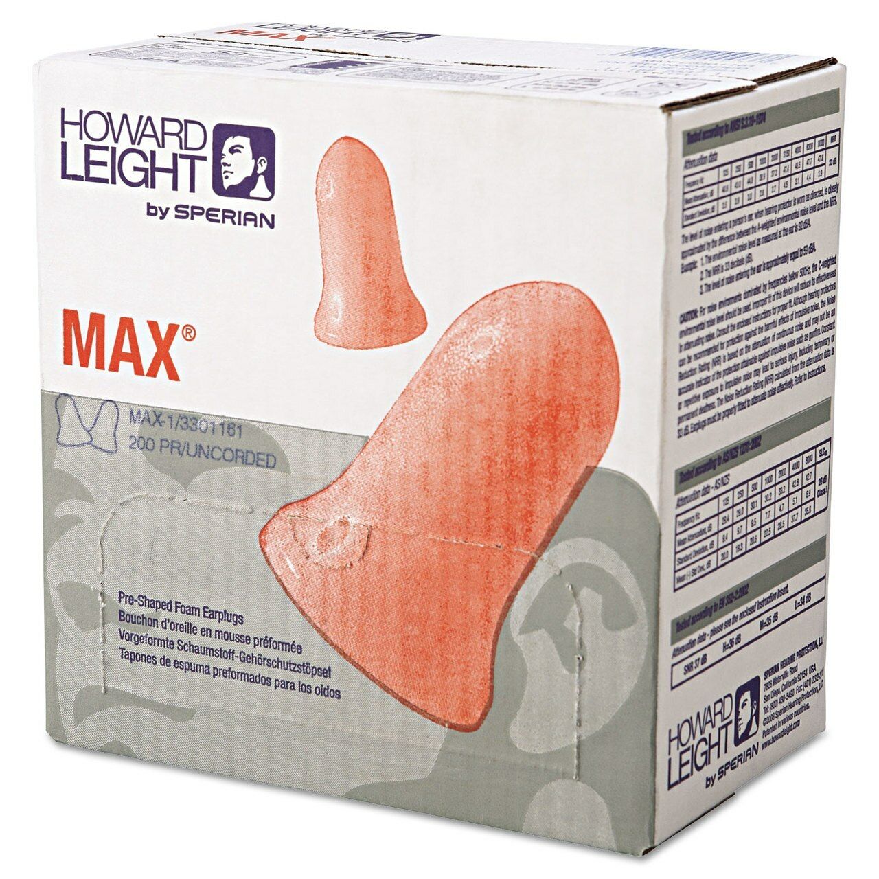 Honeywell Howard Leight MAX-1 Ear Plug, Uncorded, NRR 33dB, 200pairs/box