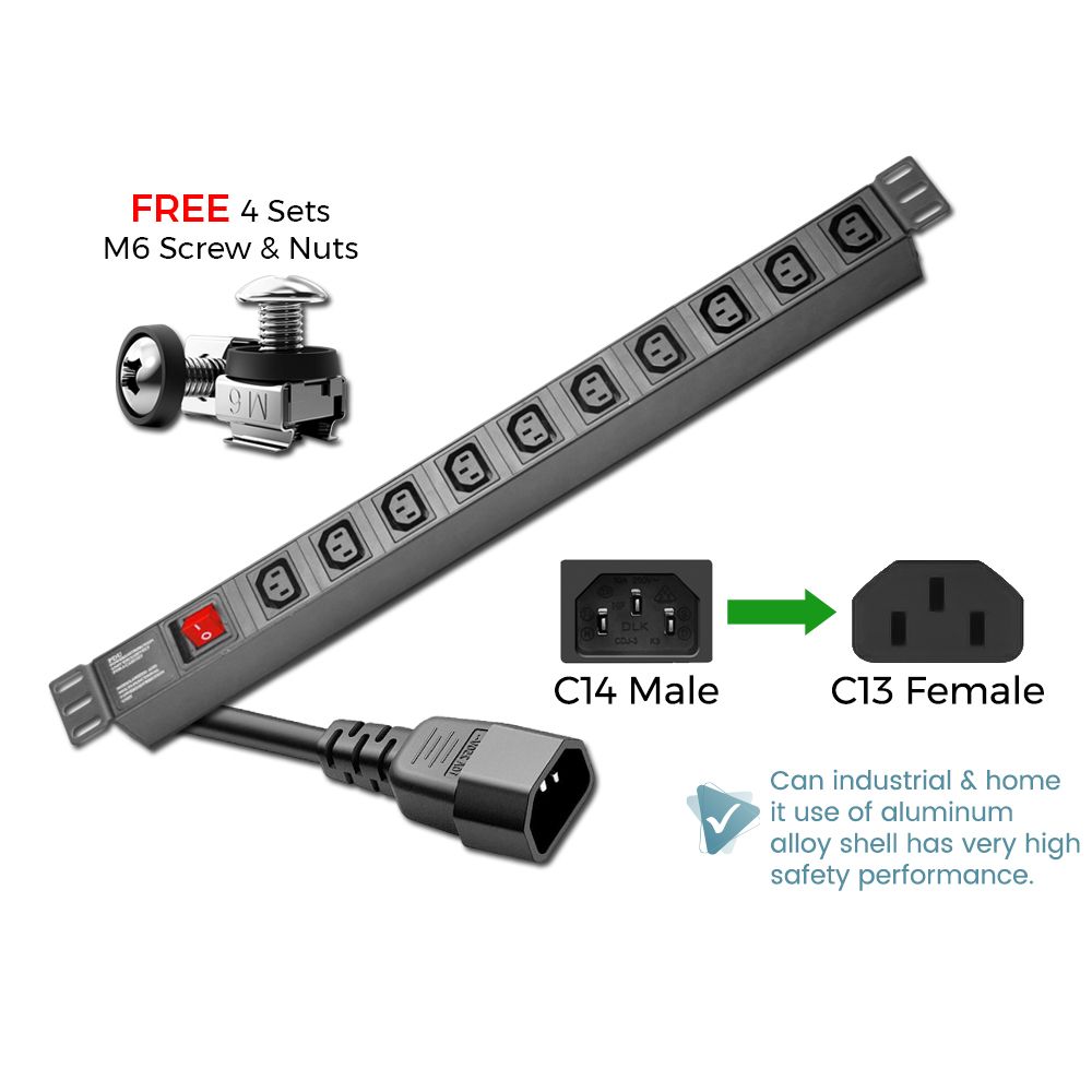 1U RACKMOUNT C14 INPUT TO 10 UNIT C13 OUTPUT PDU 250V 10A 1.8M EXTENSION POWER DISTRIBUTION ( 10G-10A 250V