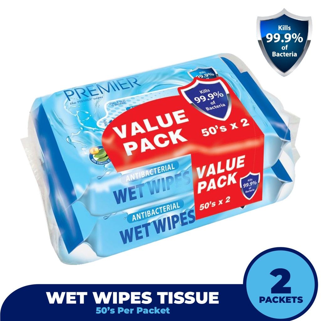 Premier Antibacterial Wet Wipes Tissue 2in1 (50's x 2 Packets)