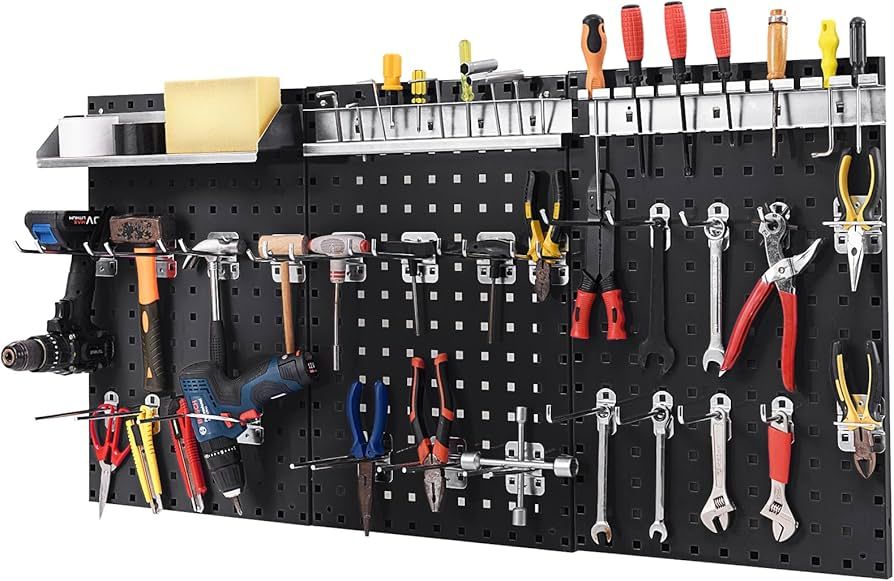 Metal Pegboard - Heavy Duty DIY Organizer Rack for Kitchen, Bedroom, Garage & Workshop / Tool Storage Board / Space Saving & Easy Install