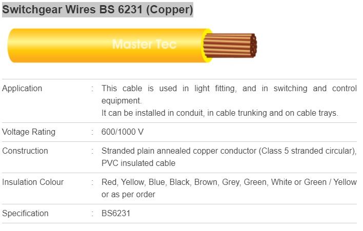 Matestac Switchgear Wires BS 6231 (Cooper) 2.5mm 600/1000V Grey Master Tac