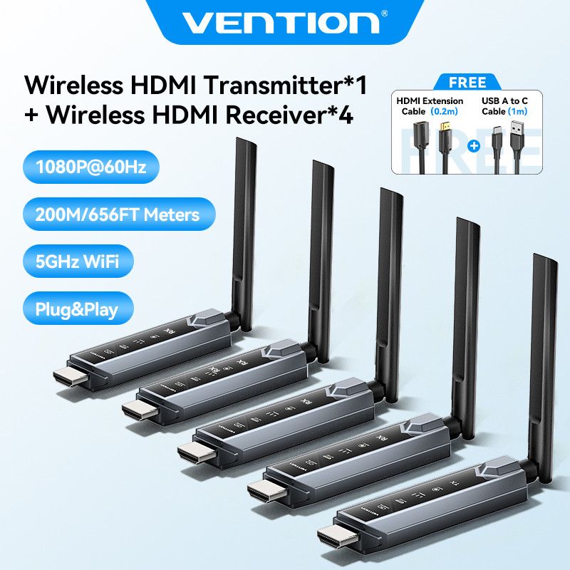 Vention 4K Wireless HDMI Extender Kit 200M/657(ft) 5GHz Wifi 1 Transmitter to 4 Receivers for TV Box Projector Monitor Camera