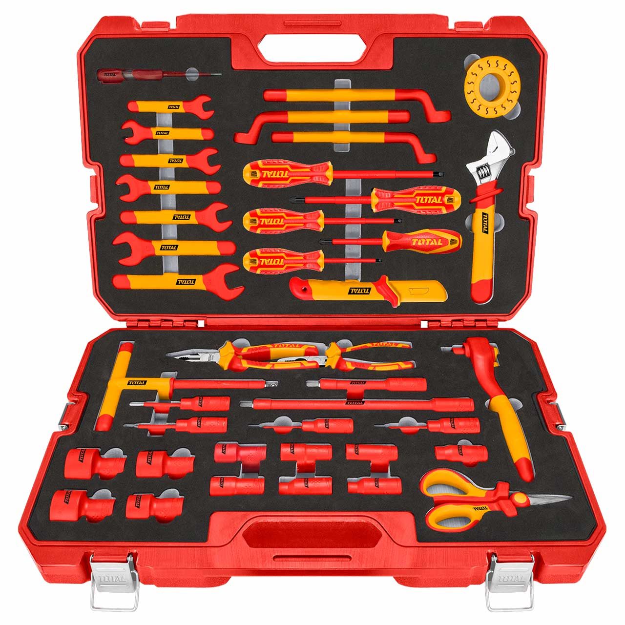 TOTAL - 41pcs Insulatd Hand Tool Set (T-THKITH4101) / Hand Tool Set / Pliers / Screwdriver / Spanner / Voltage Tester / Adjustable Wrench / Cable Knife / Vinyl Electrical Tape / Hexagon Sockets / Electrician’s Scissors / Bit Socket for Hexagon Screws